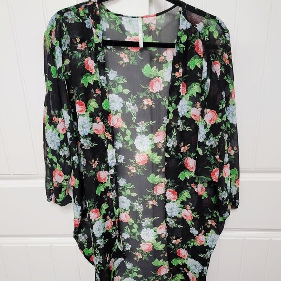 Red Lolly Womens Size Large Kimono Cardigan Cover-Up Sheer Black Floral EUC - Picture 1 of 11
